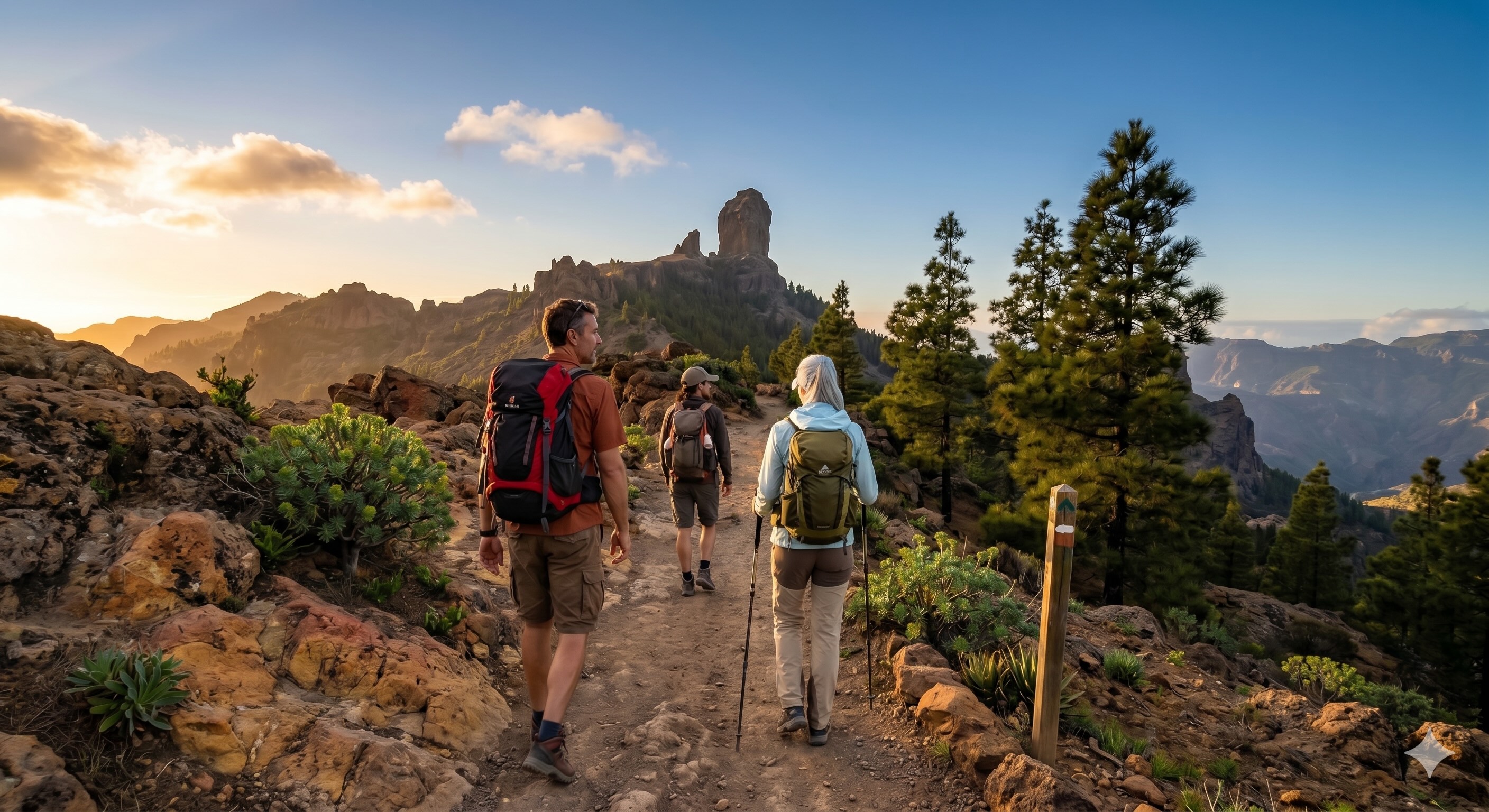 Wanderer auf einem Bergweg oberhalb von Santa Lucía mit Blick in die Landschaft